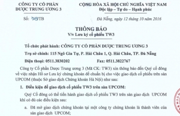 Thông báo v/v Lưu ký cổ phiếu TW3