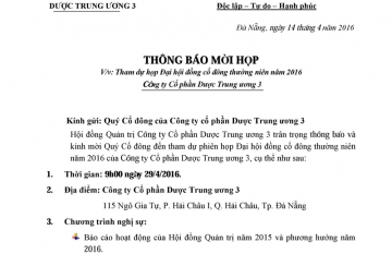 Thông báo mời họp Đại hội cổ đông thường niên năm 2016